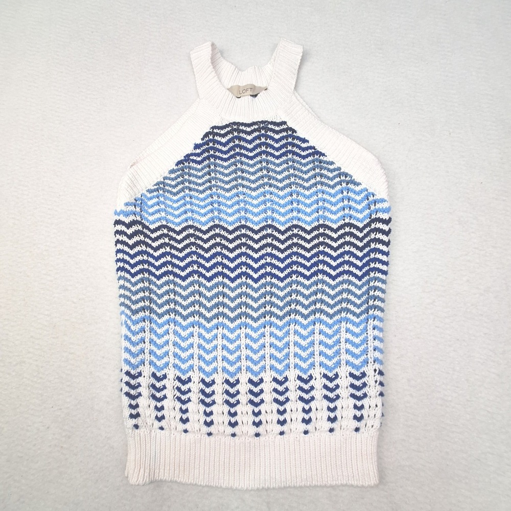 Loft Halter Tank Womens XS Blue White Chevron Cotton Knit Top Coastal Resortwear